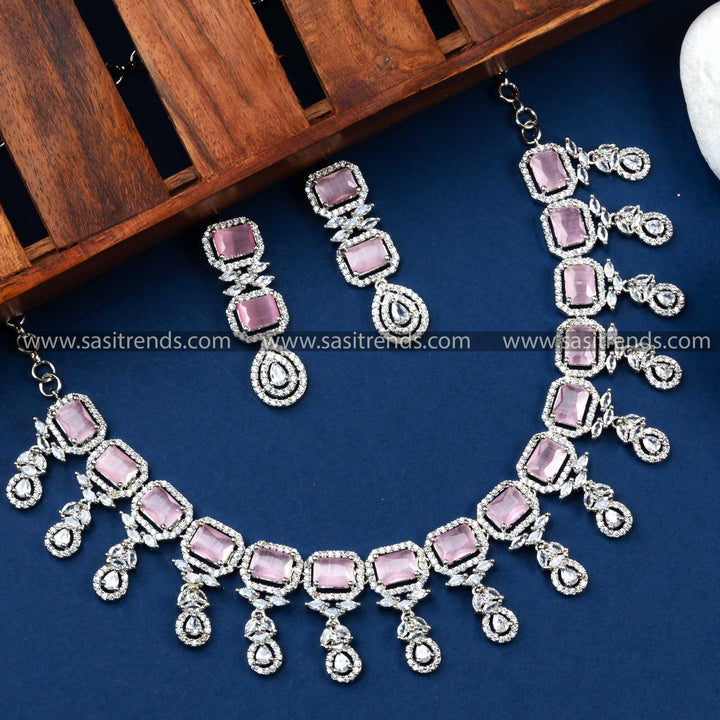 Charming Baby Pink AD Stone Necklace Set with Floral Motif - Rhodium Silver Plated, Perfect for a Soft and Elegant Look.