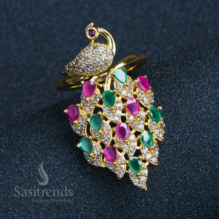 Stunning Party Wear: Gold Plated Peacock Adjustable Finger Ring with American Diamond Stones for Women