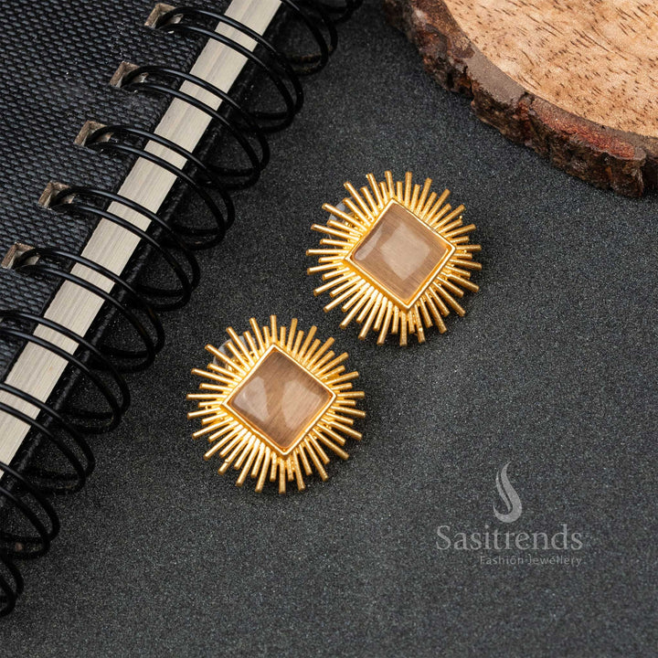 Latest Gold Plated Light Peach Rectangle Monalisa Stone Push Back Earrings 