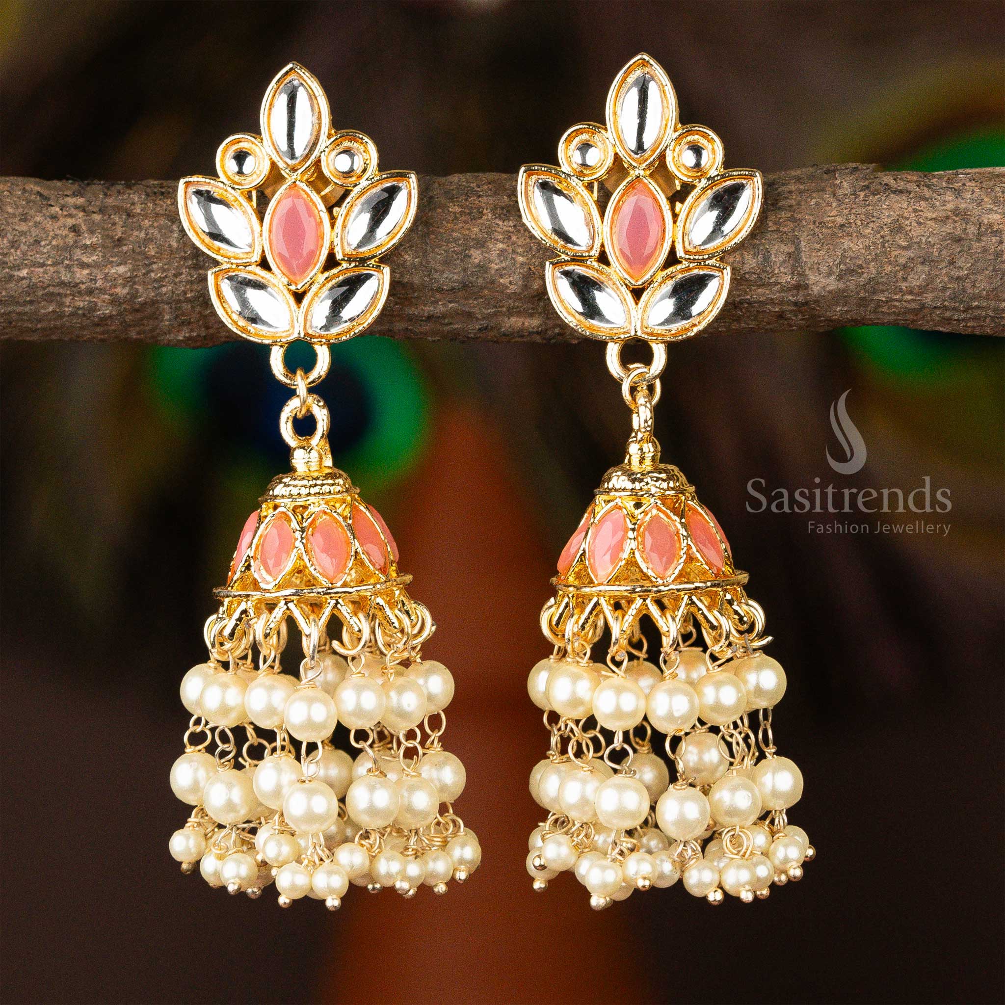 Latest Gold Plated Pink and White Kundan Jhumka Earrings Sasitrends Online Shopping