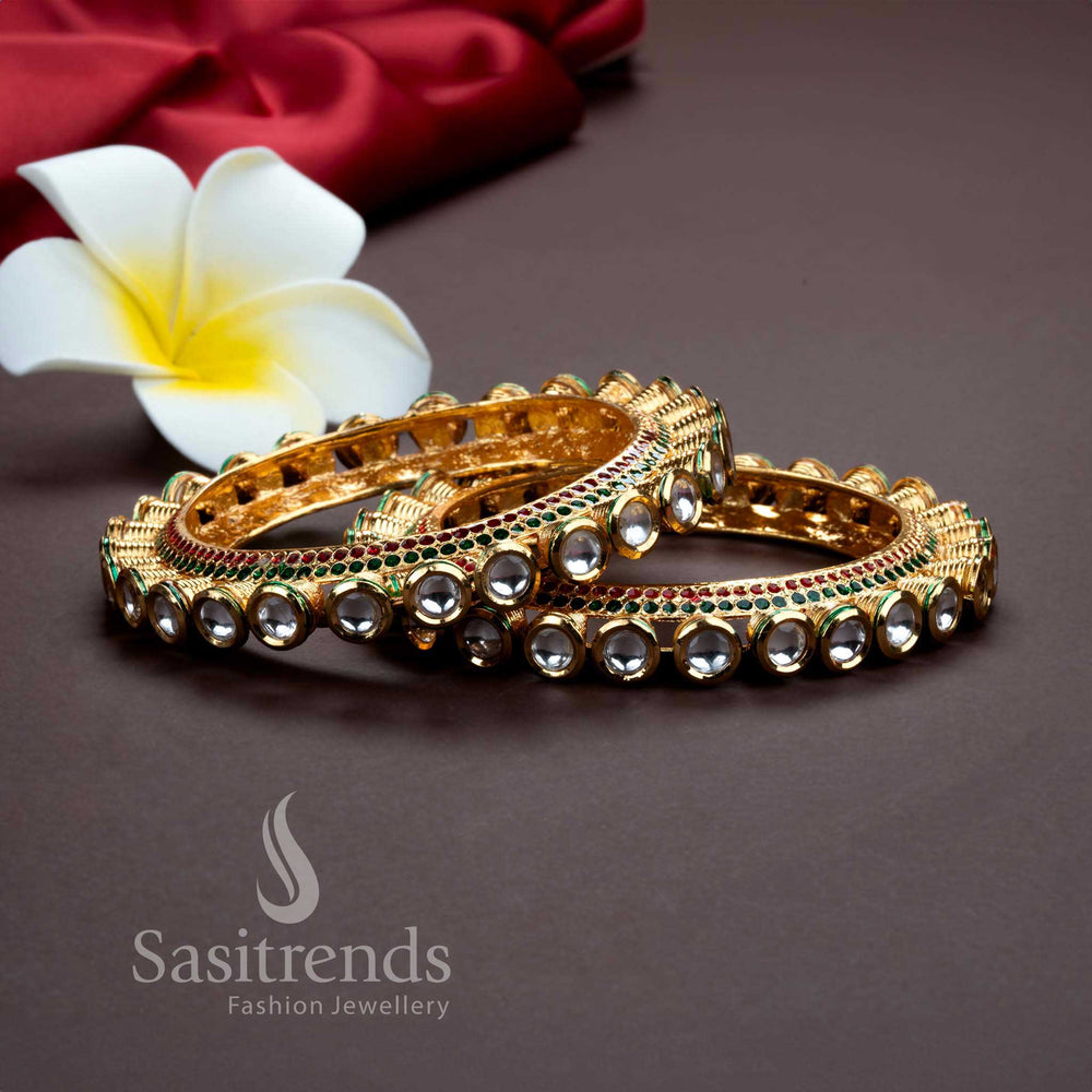 Traditional Wear High Gold Plated Kundan Stone Bangles for Women - Red & Green Stones - Sasitrends
