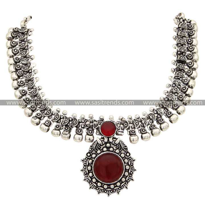 Latest Navarathiri Special Oxidised Peacock Designer Maroon Stone Choker Necklace