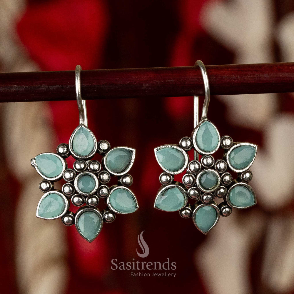 Latest Oxidised Mint Stones Stud Flower Designer Fish Hook Earrings Sasitrends Online Shopping