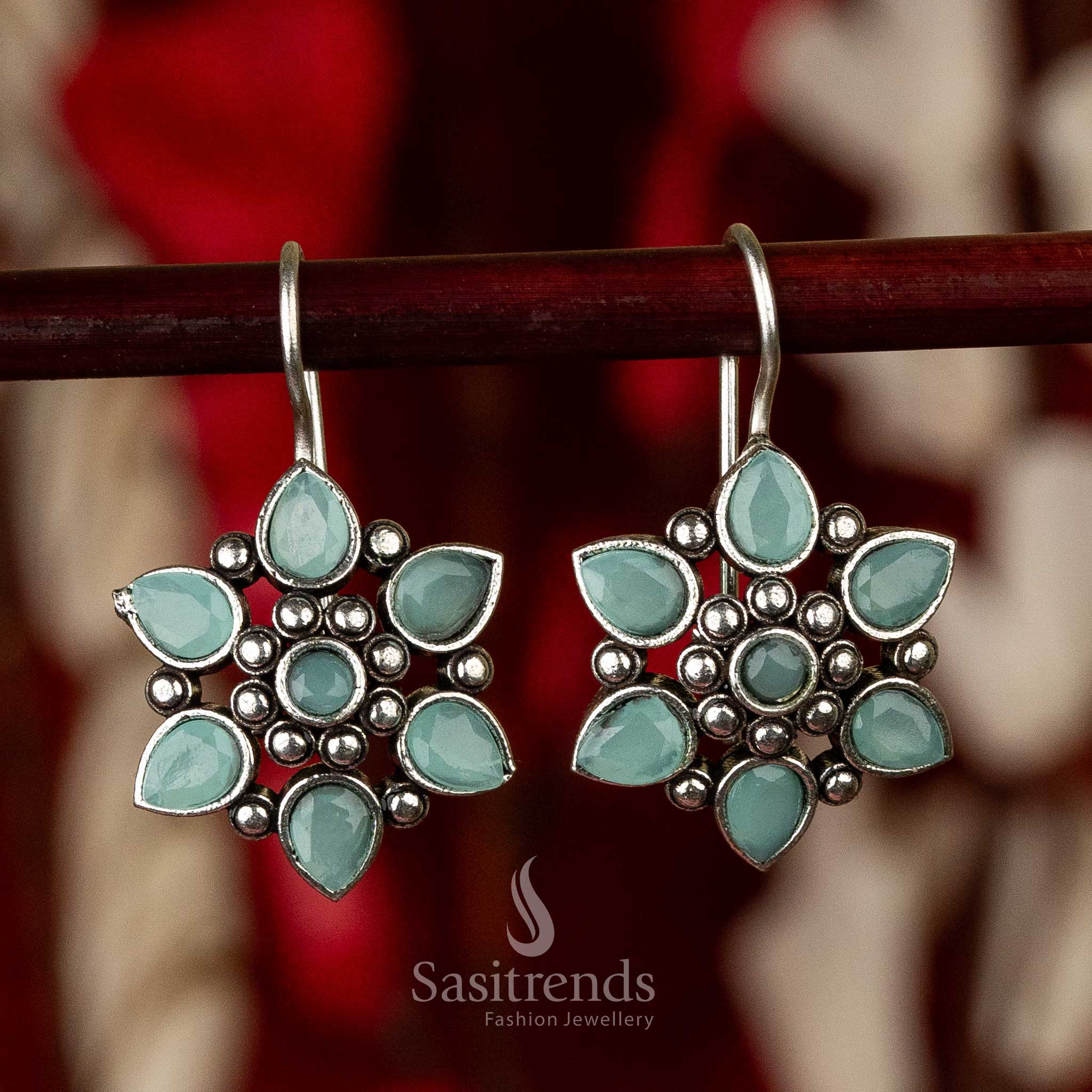 Latest Oxidised Mint Stones Stud Flower Designer Fish Hook Earrings Sasitrends Online Shopping