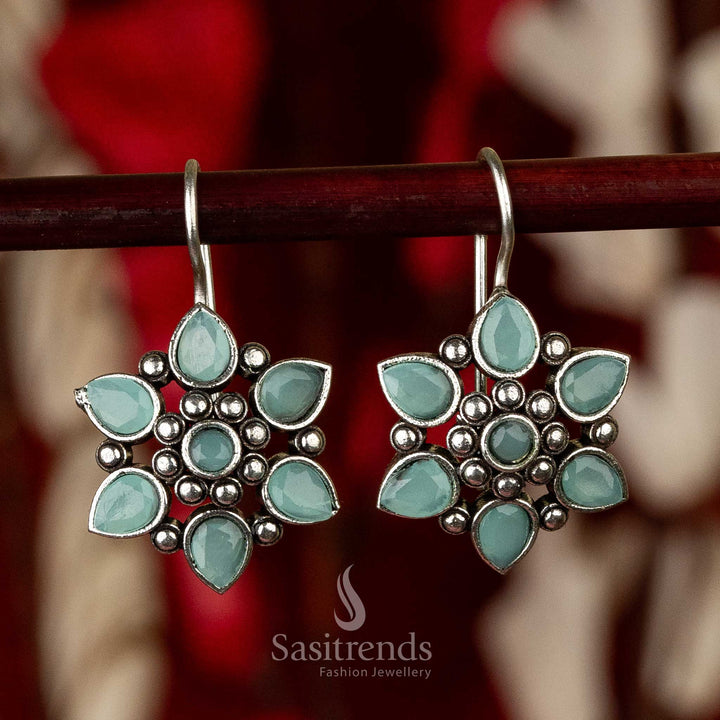 Latest Oxidised Mint Stones Stud Flower Designer Fish Hook Earrings Sasitrends Online Shopping