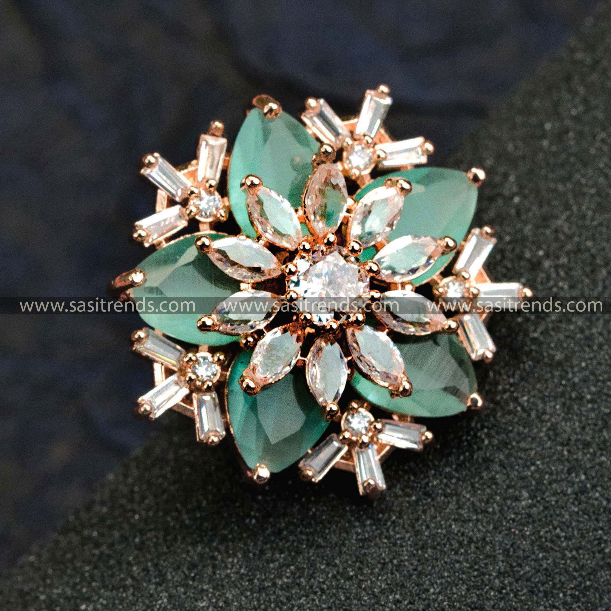 Stylish Rose Gold Plated Floral Ring with American Diamond Stones in Refreshing Mint - Perfect for Trendy Party Wear - Online Shopping