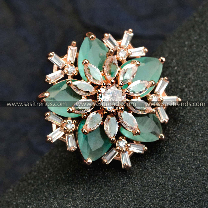 Stylish Rose Gold Plated Floral Ring with American Diamond Stones in Refreshing Mint - Perfect for Trendy Party Wear - Online Shopping