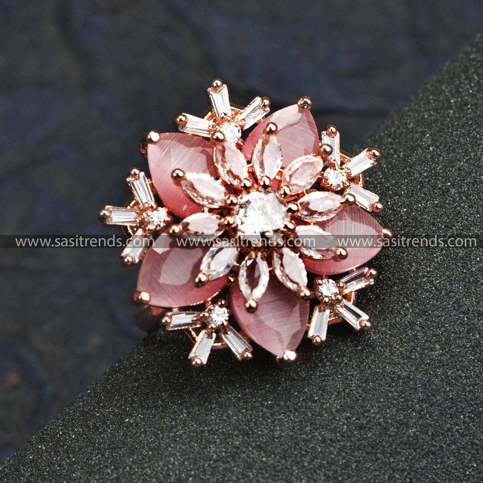 Enchanting Rose Gold Plated Floral Ring with American Diamond Stones in Lovely Pink - Ideal for Trendy Party Wear - Online Shopping