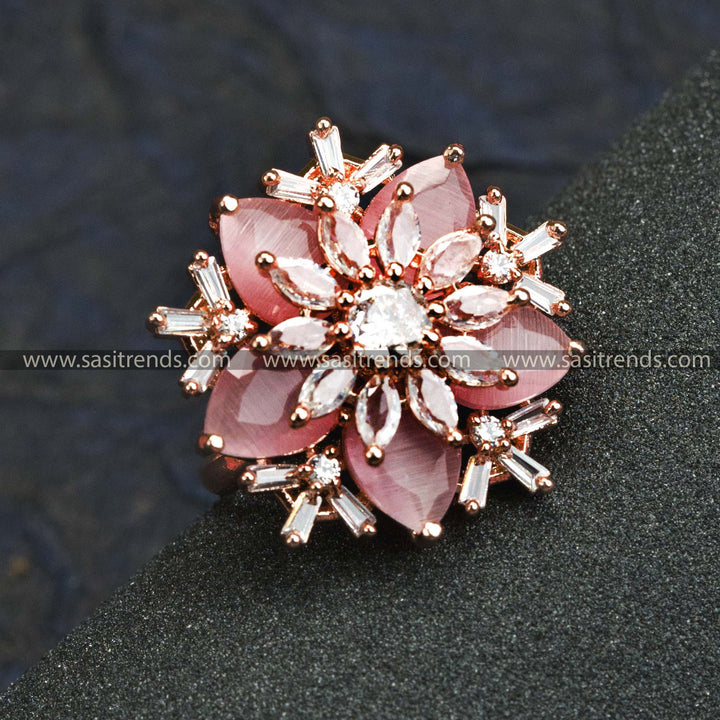 Enchanting Rose Gold Plated Floral Ring with American Diamond Stones in Lovely Pink - Ideal for Trendy Party Wear - Online Shopping