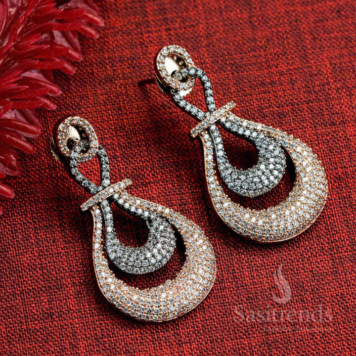 Trendy Party Wear Rose Gold and Black Plated American Diamond Earrings - Two-Layered Tear Drop Pattern for Women - Sasitrends