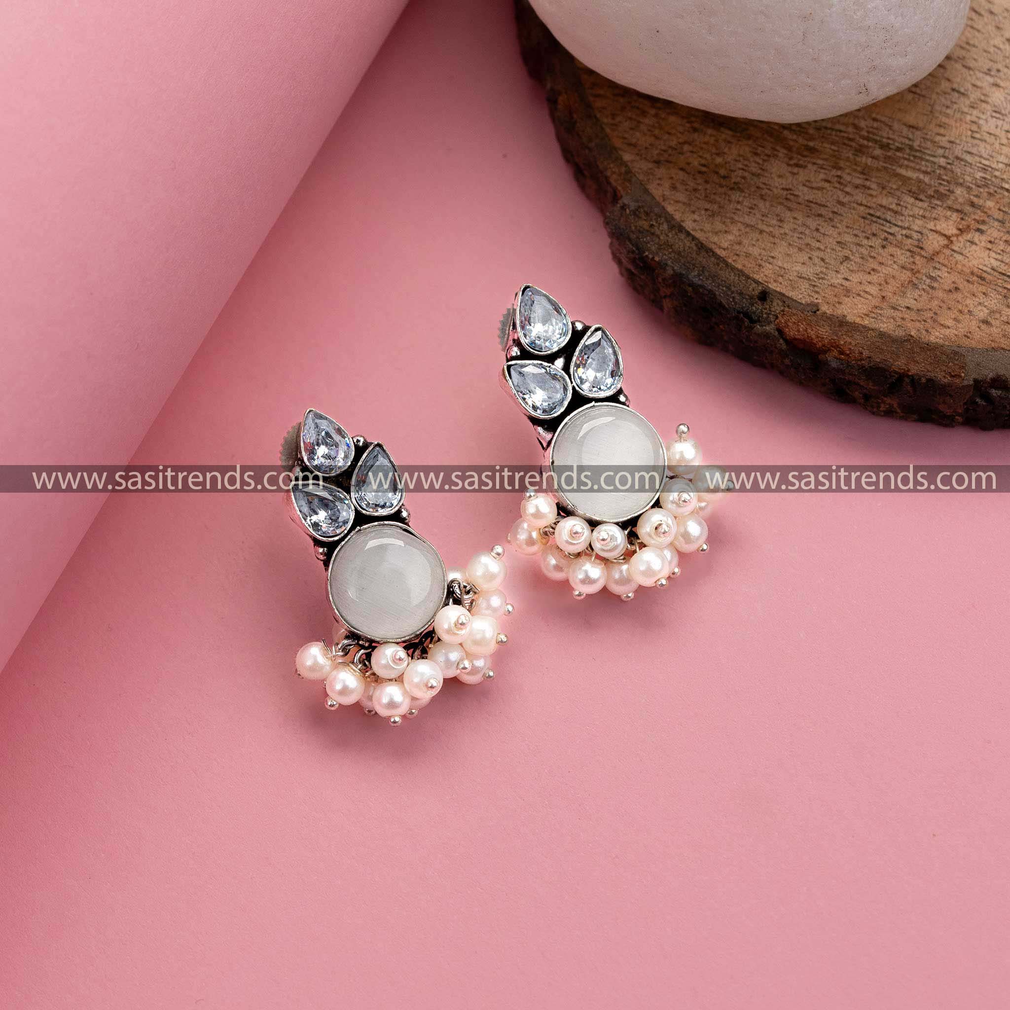 Oxidized German Silver Stud Earrings with Monalisa Stone AD Stones Sasitrends