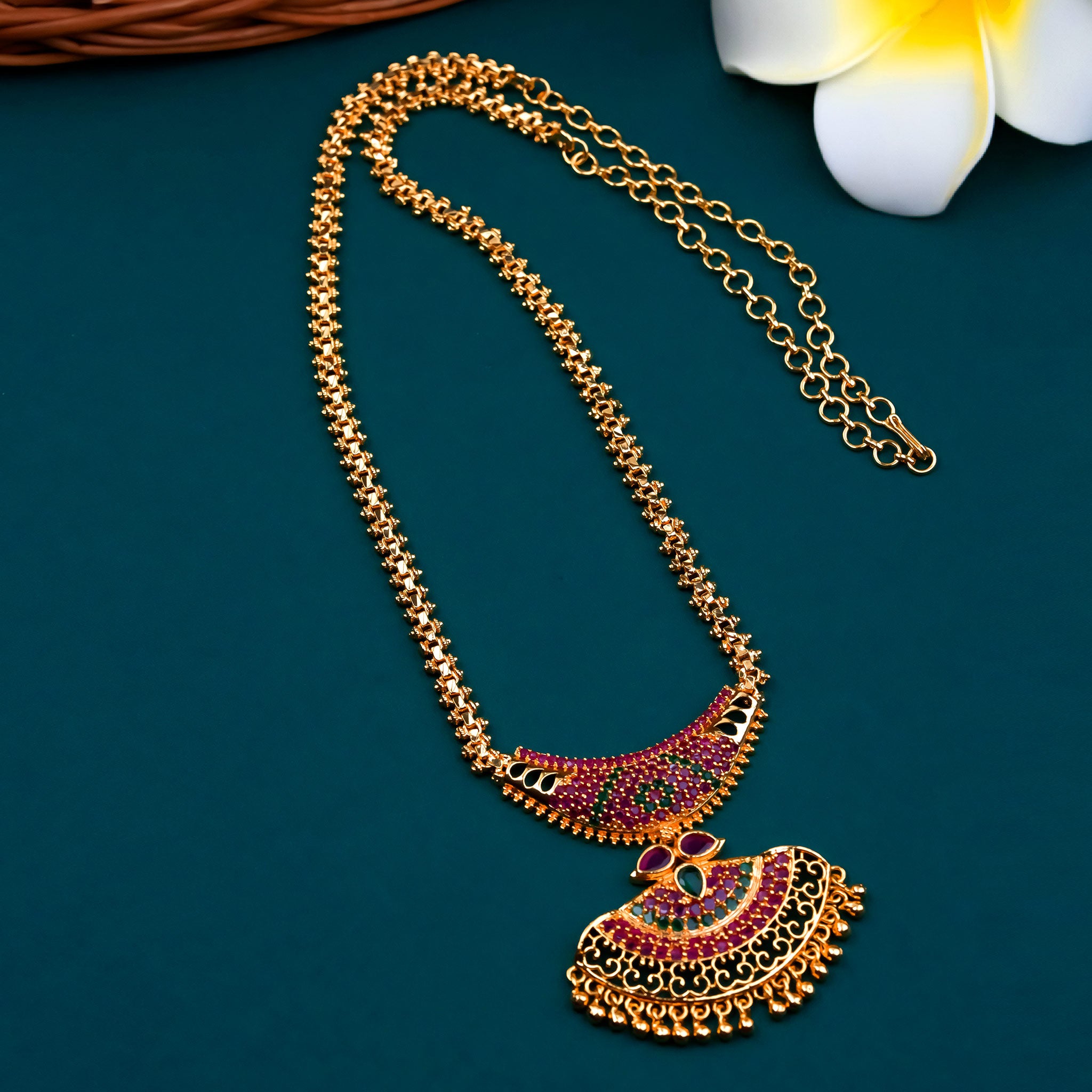 Luxurious Ruby-Green AD Micro Gold Plated Pendant Gajiri Chain - Traditional and Chic