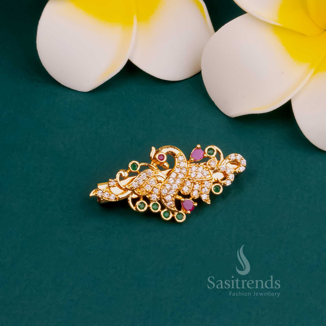 Micro Gold Plated Peacock AD Saree Pin with American Diamond Stones - Sasitrends