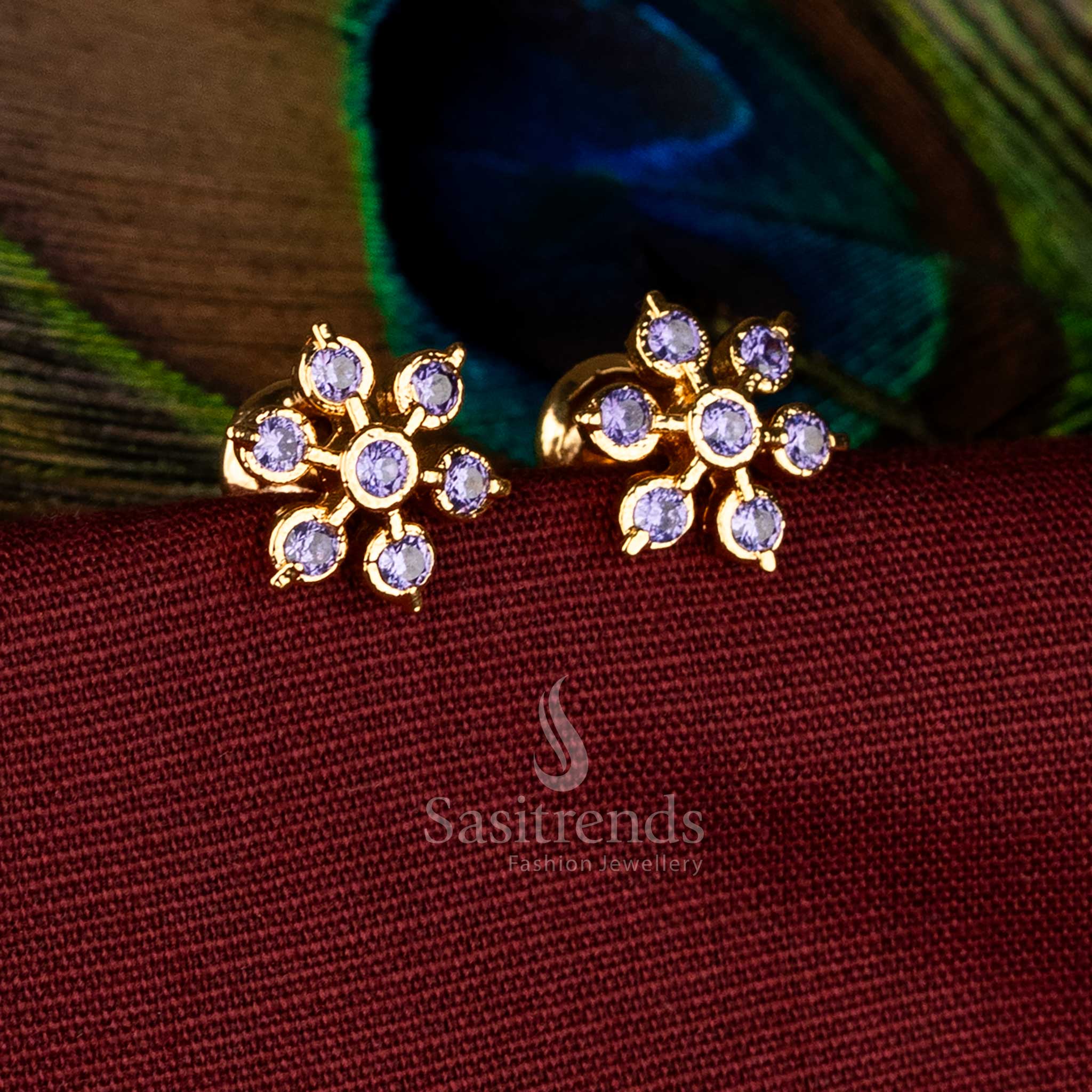 Lavender multi-petal floral design micro gold plated 1 gram impon AD stud earrings with pastel elegance for traditional jewellery styling – Sasitrends