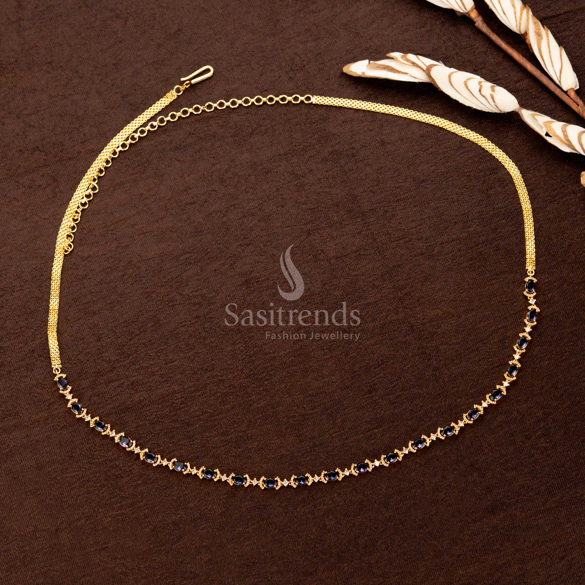 Majestic purple American diamond gold-plated hip belt with dazzling stones, a sophisticated single-line design, and a royal finish—perfect for sarees and festive styling - Sasitrends