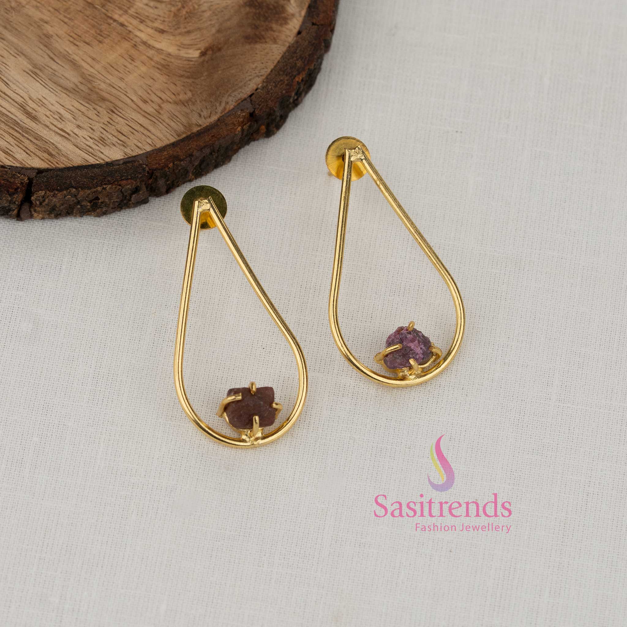 Lavender purple pear shaped natural stone gold plated earrings crafted for elegant ethnic dressing fashionable office attire and day outings - Sasitrends