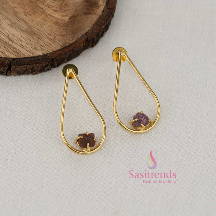 Lavender purple pear shaped natural stone gold plated earrings crafted for elegant ethnic dressing fashionable office attire and day outings - Sasitrends