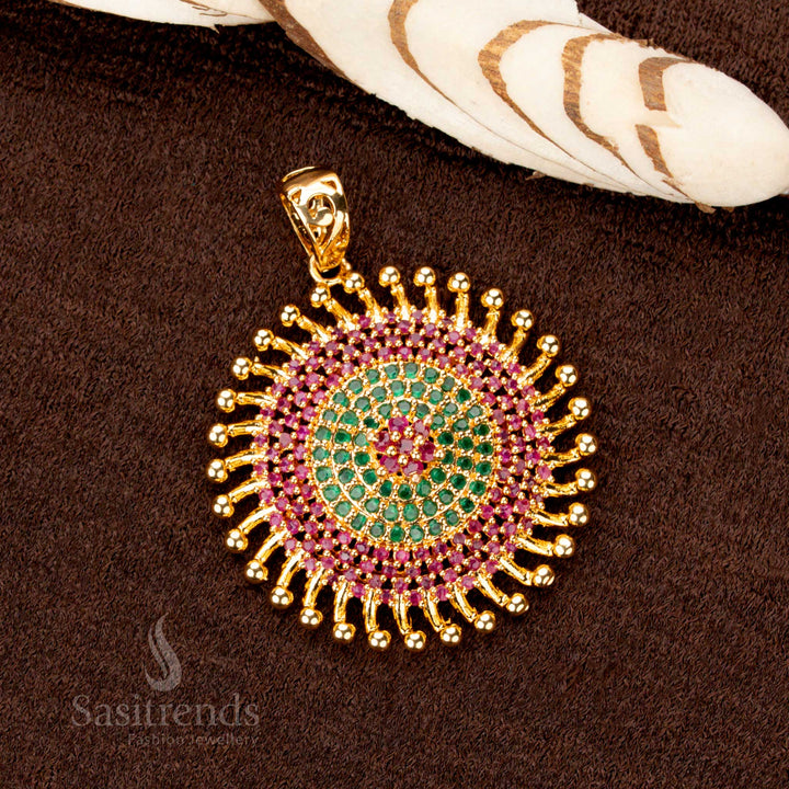 Elegant one-gram gold plated Chakara pendant, radiantly crafted with ruby-green stones, a luxurious festive jewellery piece
