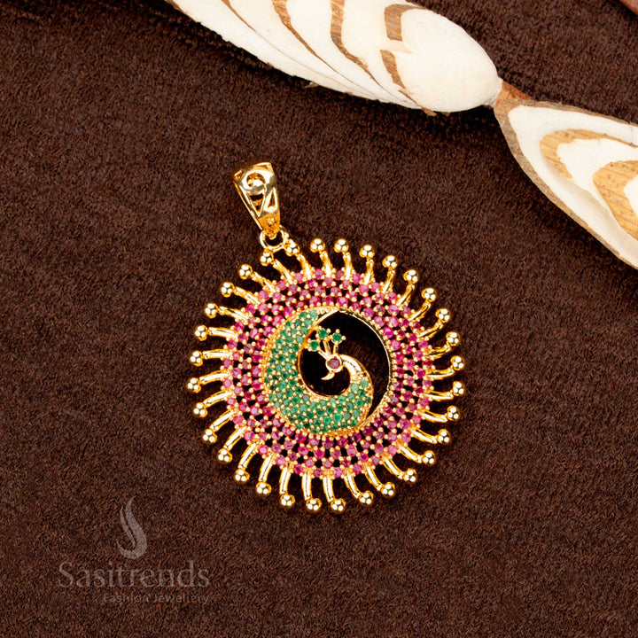 Grand one-gram gold plated peacock pendant, showcasing radiant ruby-green stones, a luxurious festive jewellery statement piece - Sasitrends