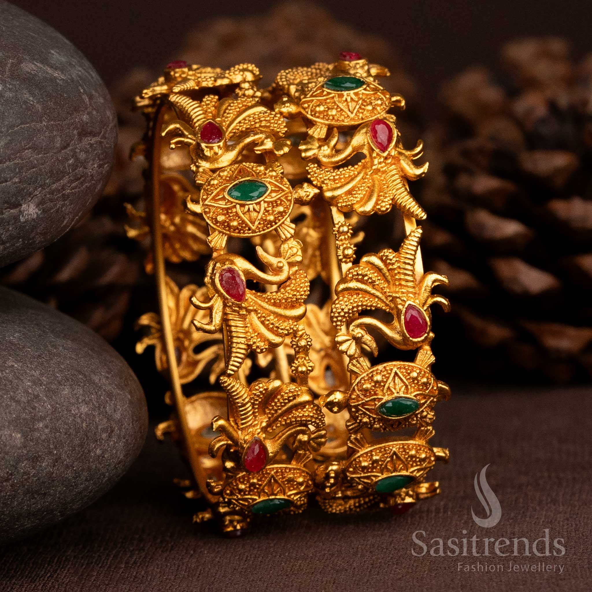 Polished matte gold finish bangles with a subtle brass aura, pairing well with sarees and festive drapes – Sasitrends

