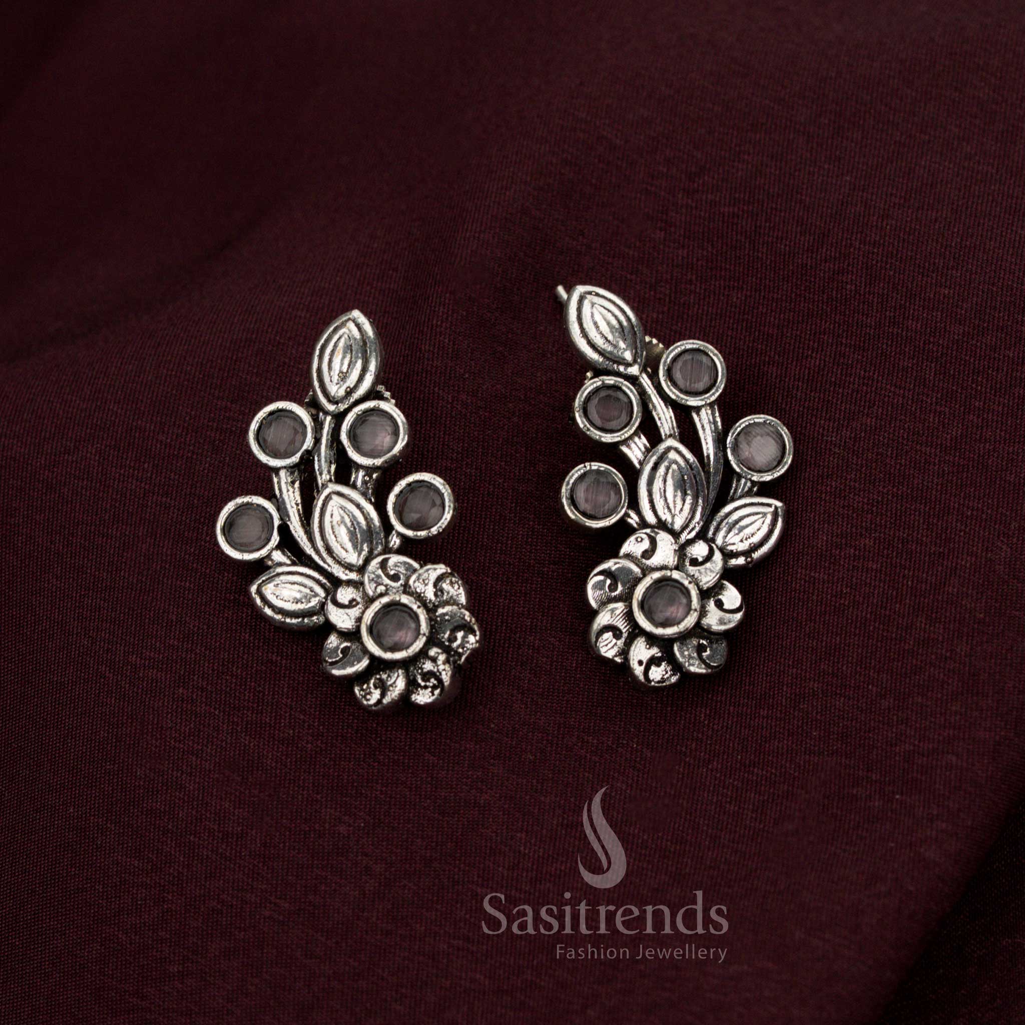 Exquisite grey oxidised floral earrings created with celestial detailing perfect for legacy occasions noble beauty and resplendent jewellery grandeur – Sasitrends