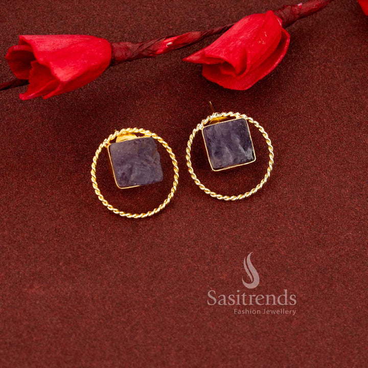 Rich round natural purple stone stud earrings surrounded by rope textured gold plating perfect for modern daily wear expression - Sasitrends