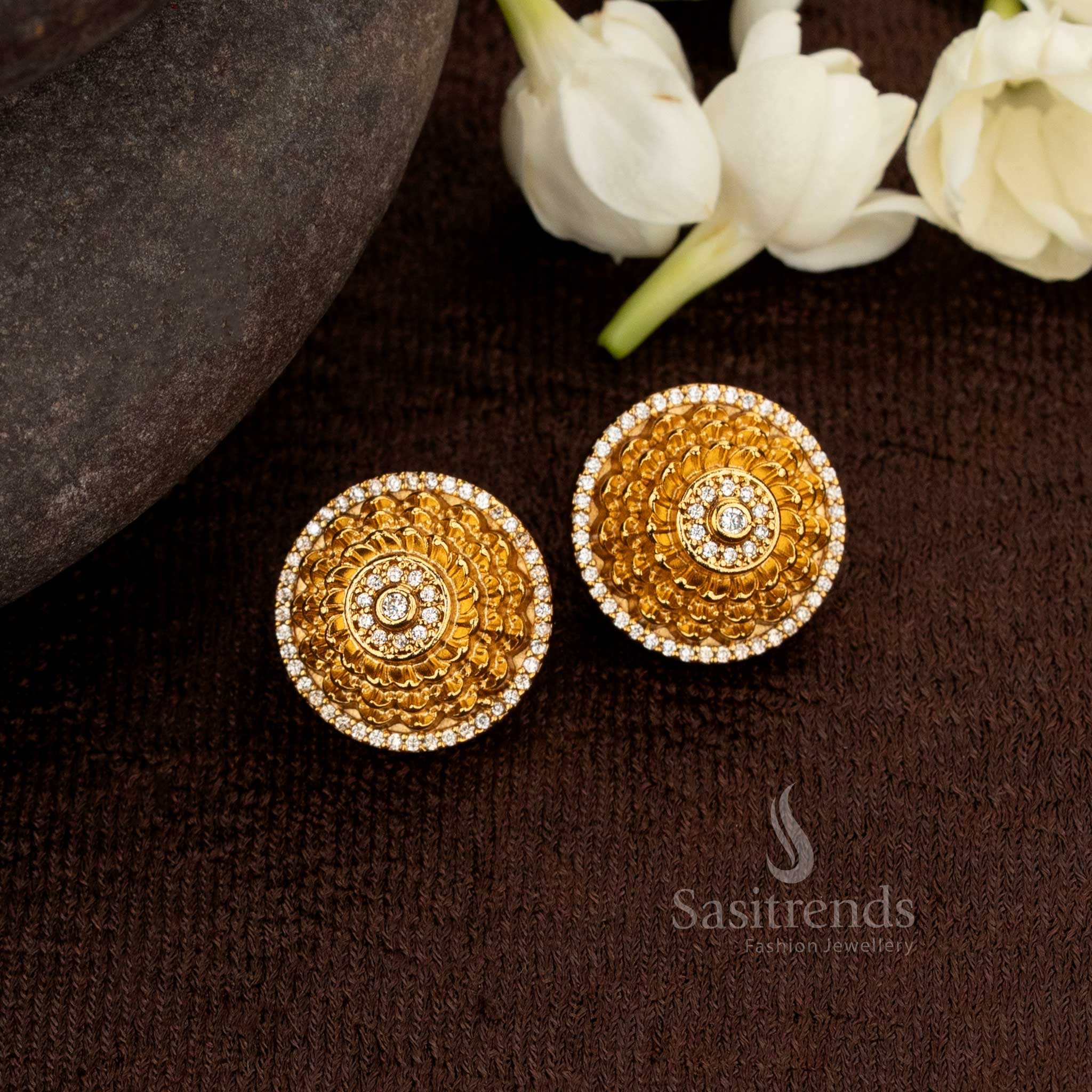 Timeless White Stud Earrings With Matte Gold Plating Embellished By American Diamond – Exquisite Jewellery Crafted For Cultural Majesty And Heritage Elegance – Sasitrends