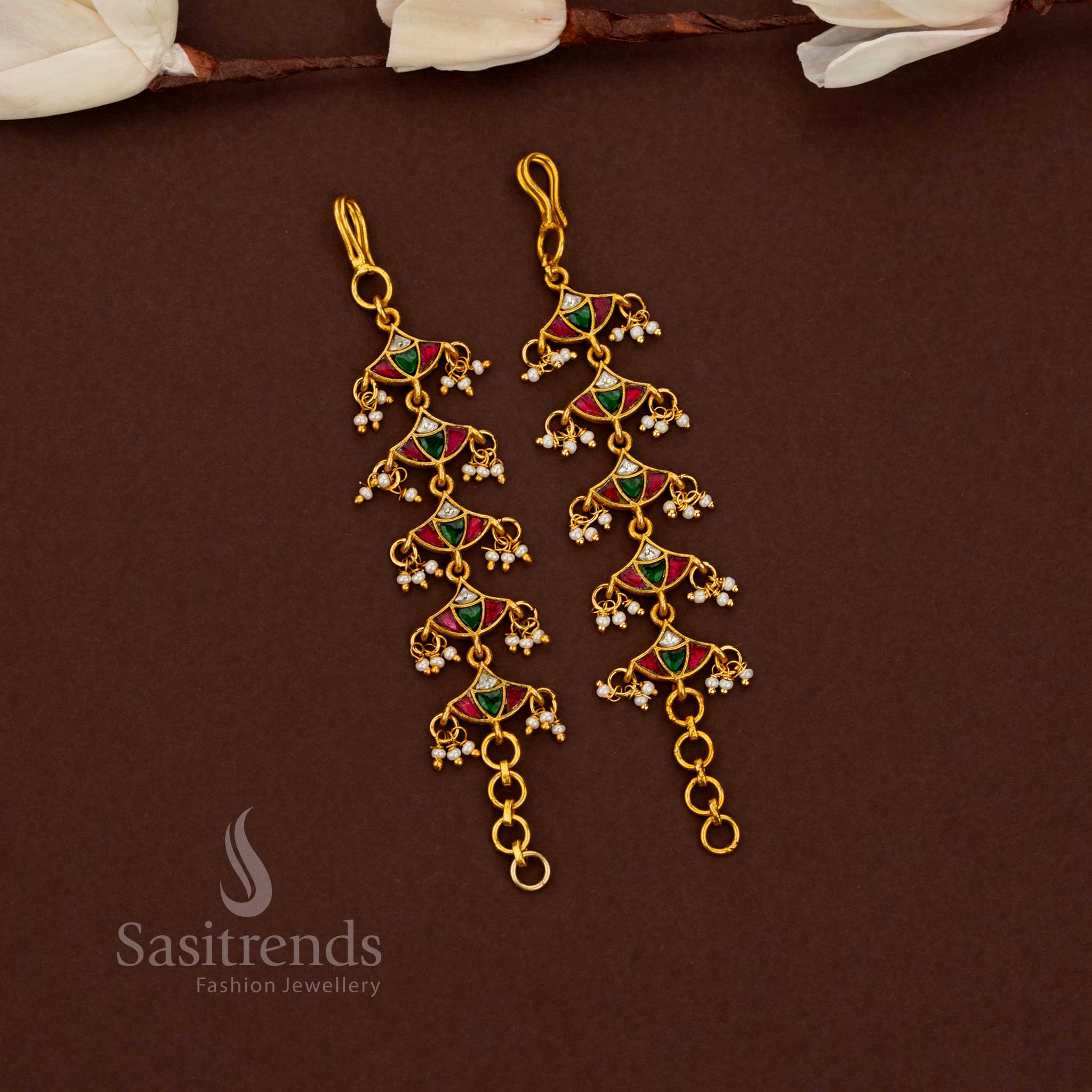 Imperial jadau kundan tier drop pearl matil in multicolour palette perfect for grand receptions and festive evenings – Sasitrends