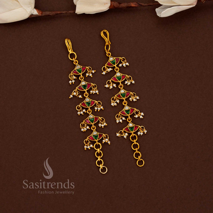 Imperial jadau kundan tier drop pearl matil in multicolour palette perfect for grand receptions and festive evenings – Sasitrends