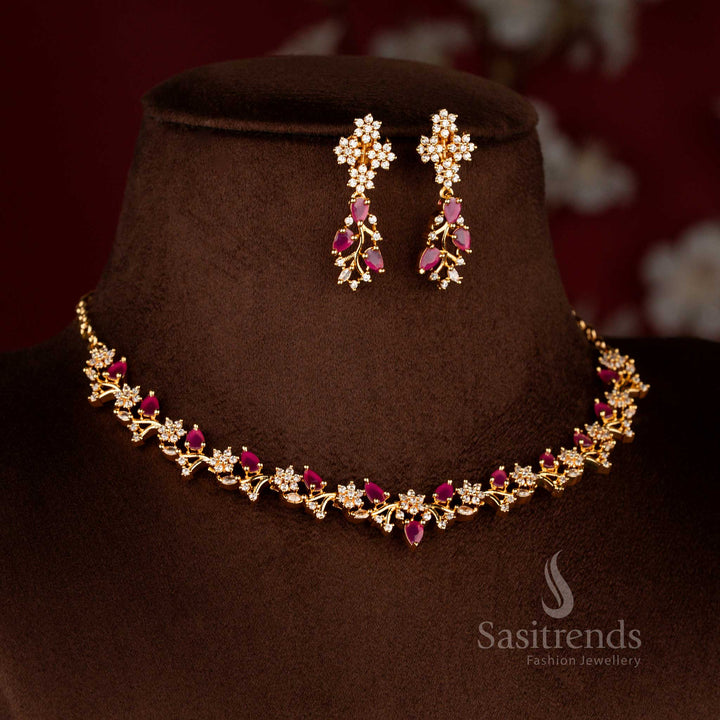 Grand micro gold plated American diamond floral necklace set in white ruby combination suited for bridal attire – Sasitrends