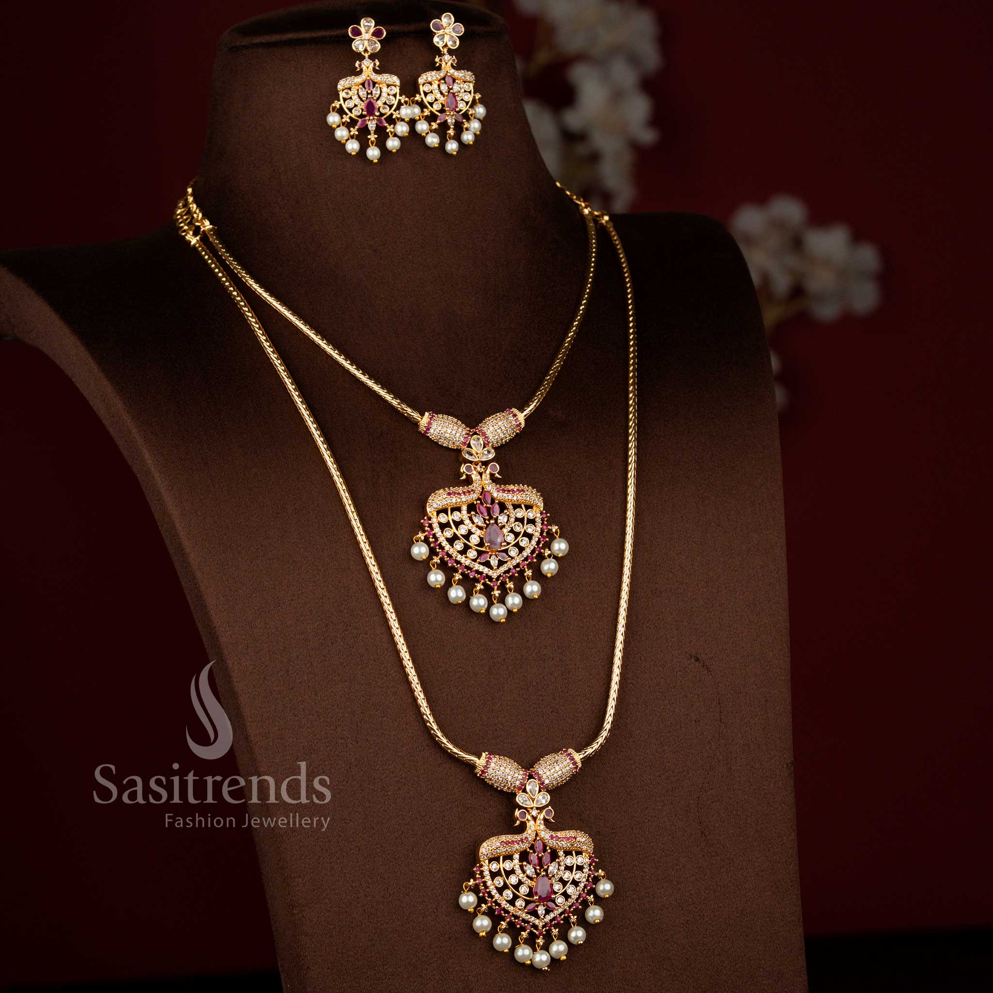 Grand micro gold plated peacock pendant dual combo necklace set in white ruby sparkle suited for weddings – Sasitrends