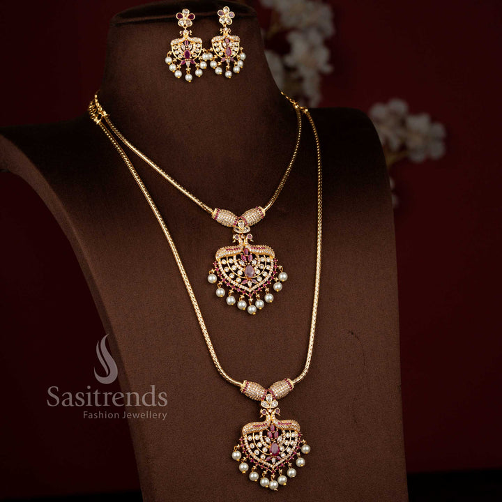 Grand micro gold plated peacock pendant dual combo necklace set in white ruby sparkle suited for weddings – Sasitrends