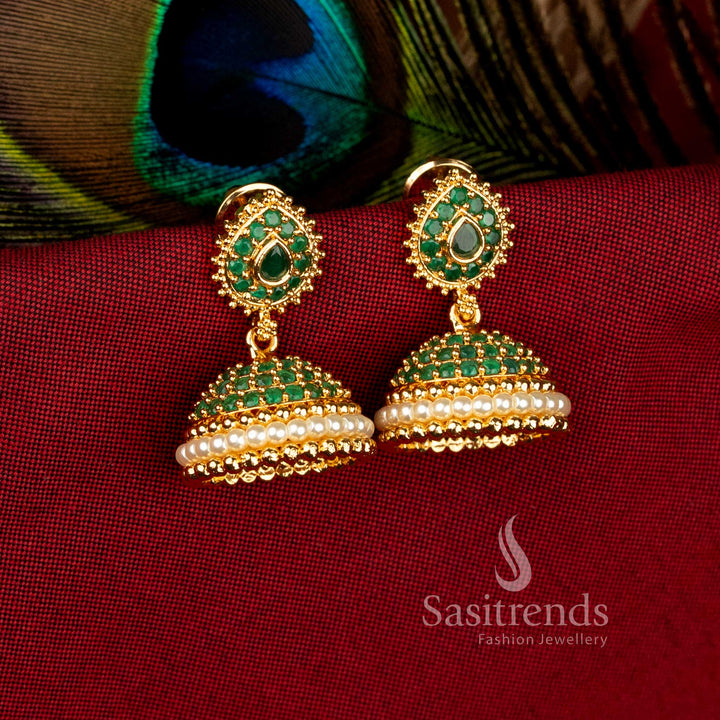 Emerald bloom micro gold plated teardrop and pearl dome jhumka earrings with American diamonds for stylish festive celebrations – Sasitrends