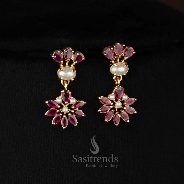 Petal micro gold plated pearl ruby oval floral leaf cluster earrings for stylish party evenings - Sasitrends