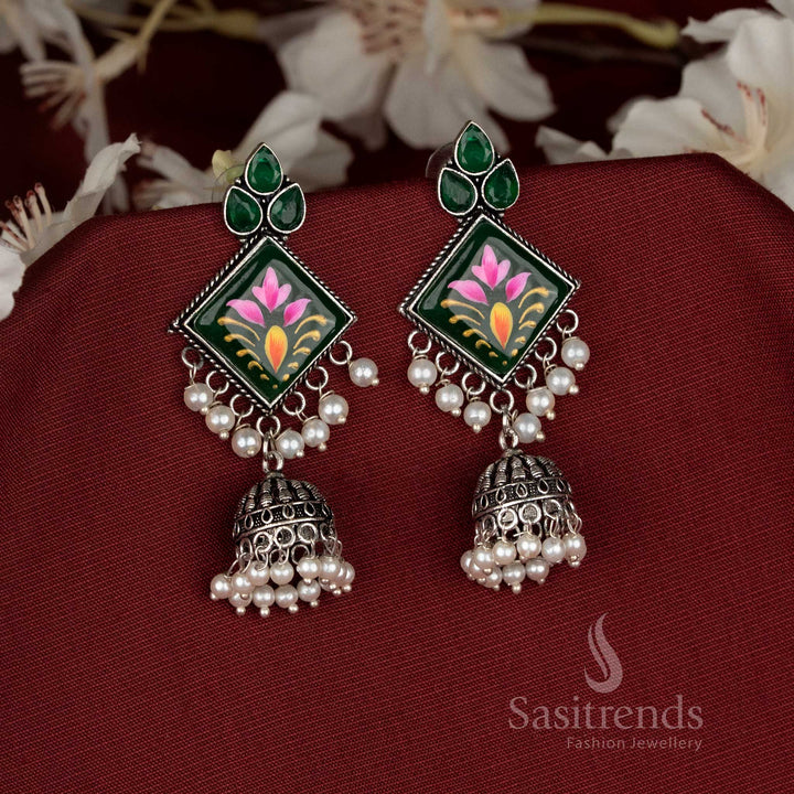 Oxidised green Monalisa stone diamond-cut jhumka earrings perfect for Navaratri celebrations with refreshing appeal – Sasitrends