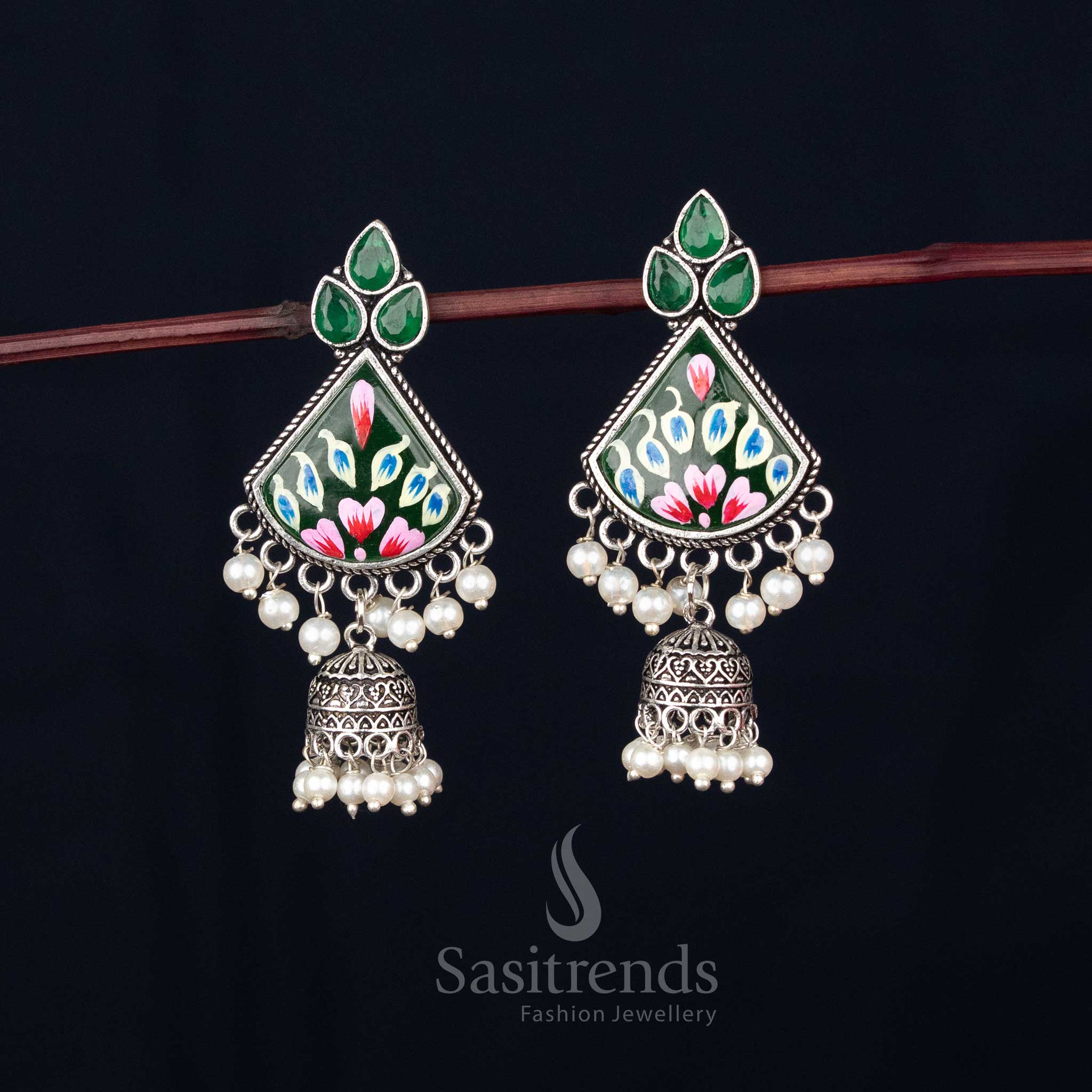 Emerald bloom oxidised green Monalisa stone triangular jhumka earrings with pearl drops for festive celebration look – Sasitrends