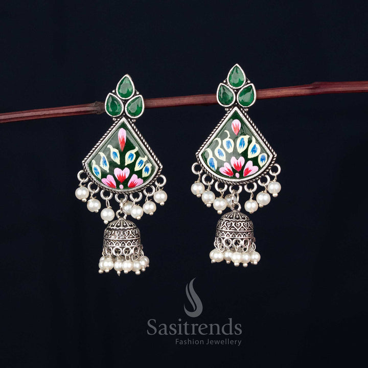 Emerald bloom oxidised green Monalisa stone triangular jhumka earrings with pearl drops for festive celebration look – Sasitrends