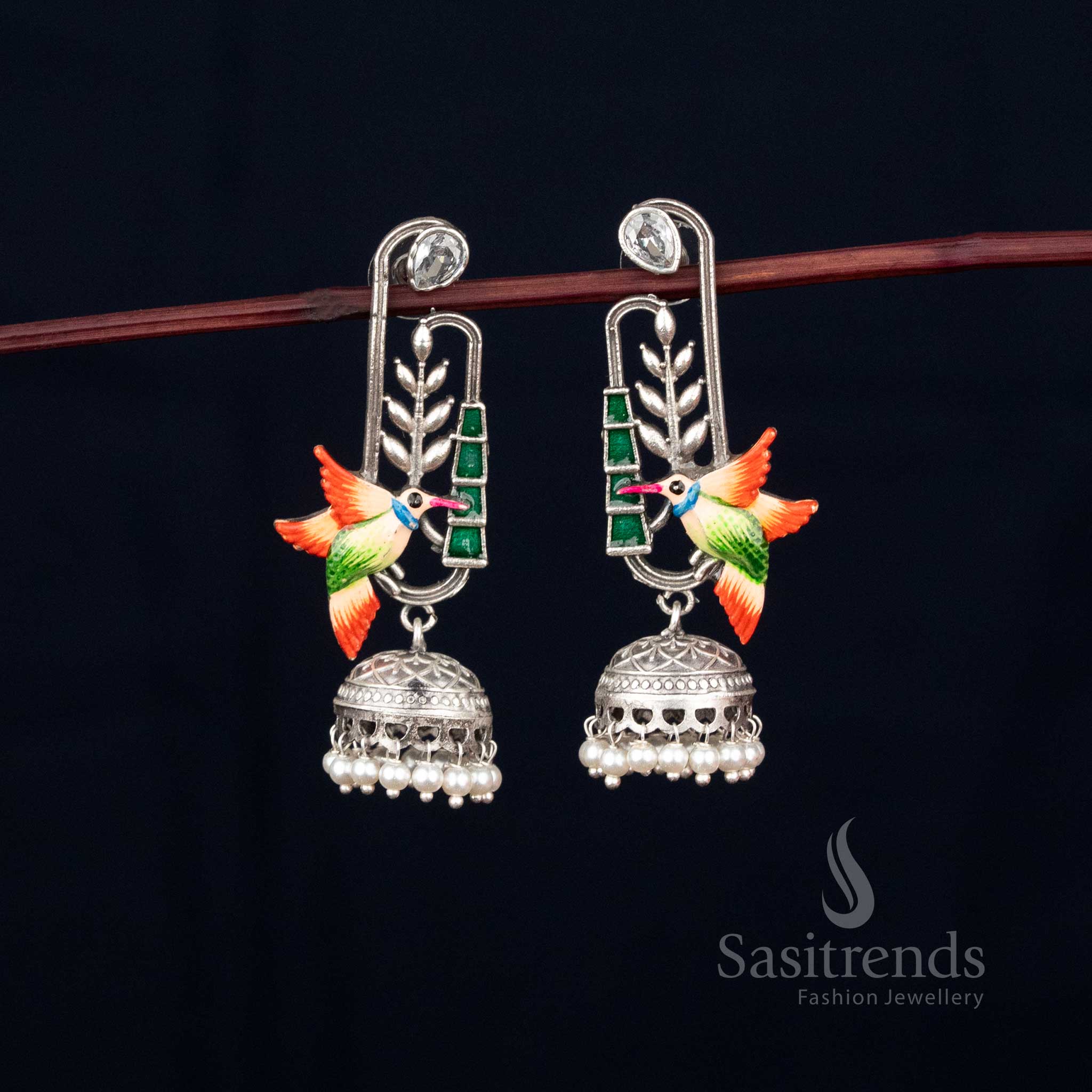Forest melody hand-painted oxidised hummingbird earrings with leaf dangler and pearl drops for festive celebrations – Sasitrends