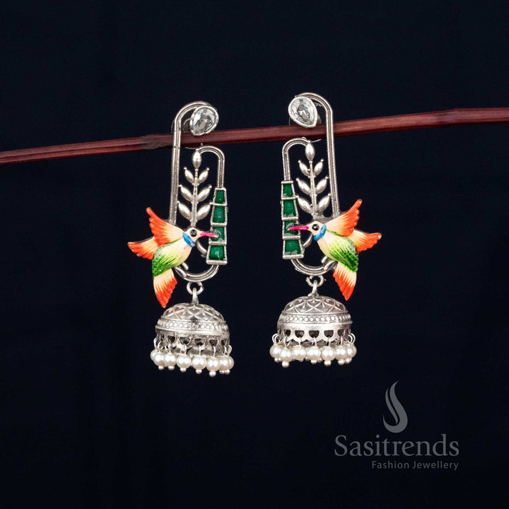 Forest melody hand-painted oxidised hummingbird earrings with leaf dangler and pearl drops for festive celebrations – Sasitrends