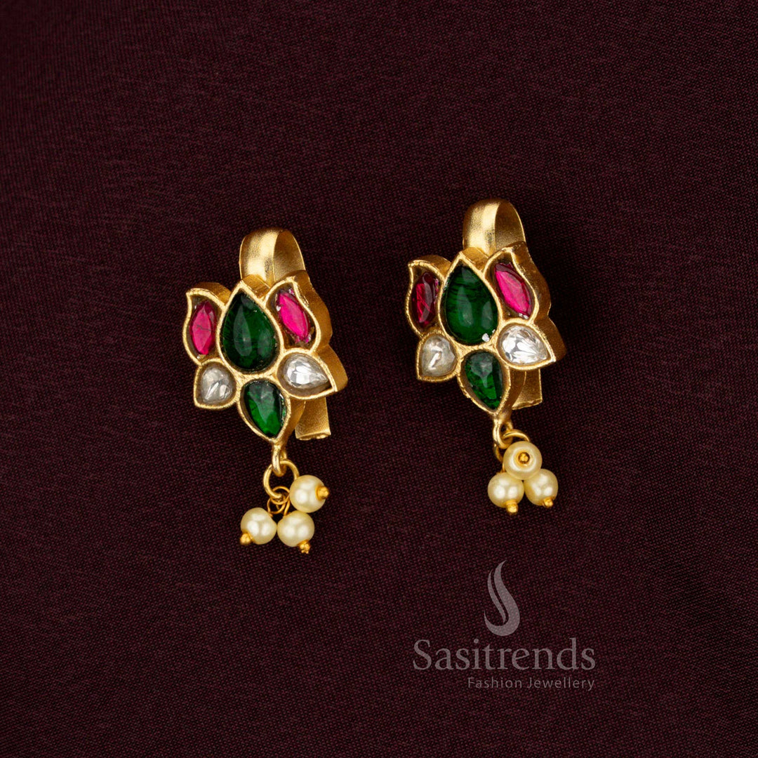 Premium 24K Gold Plated Jadau Bugadi Lotus Bud Cluster Earrings Multi Color With Kundan Stones And Pearls By Sasitrends