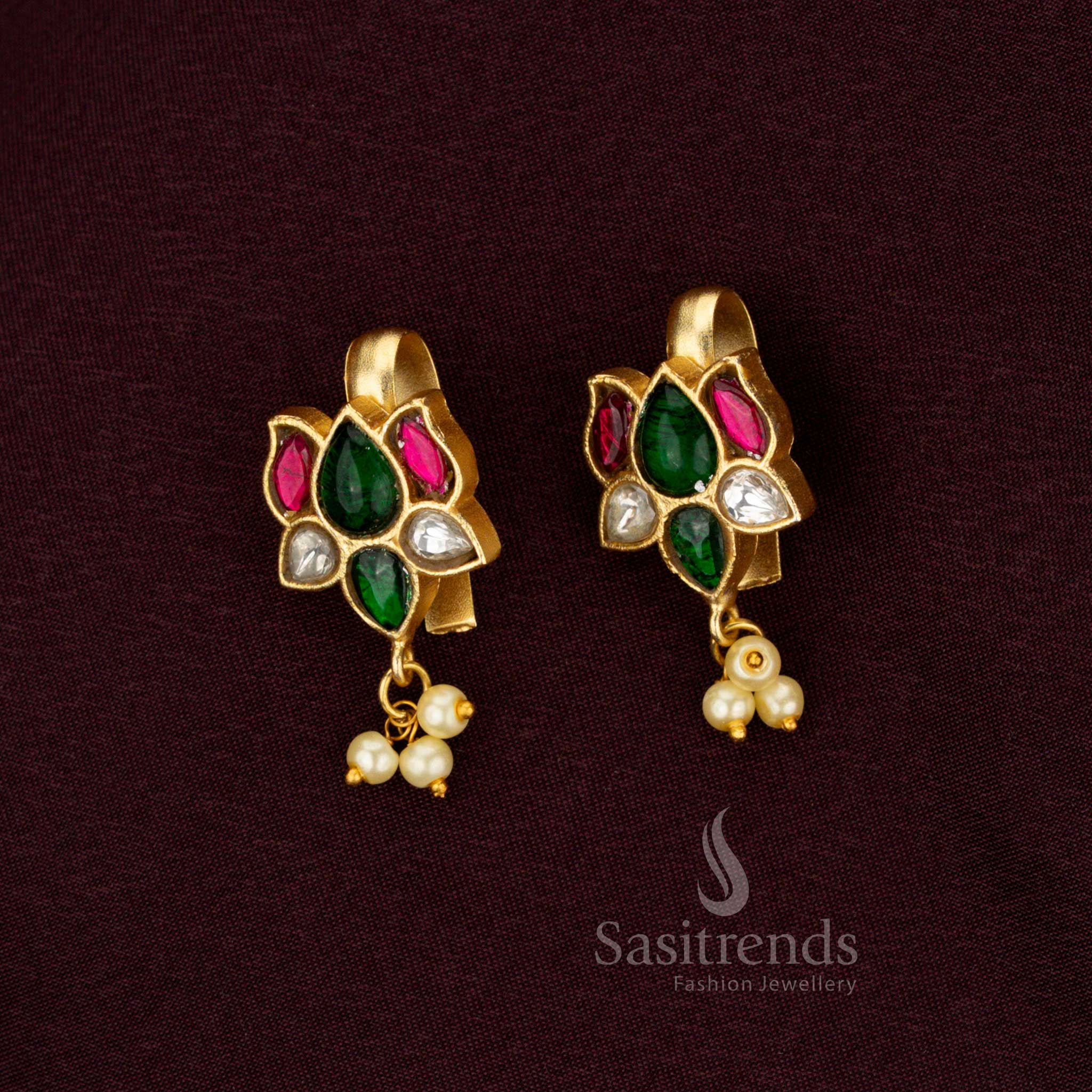 Premium 24K Gold Plated Jadau Bugadi Lotus Bud Cluster Earrings Multi Color With Kundan Stones And Pearls By Sasitrends