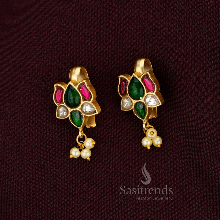 24K Gold Plated Jadau Bugadi Lotus Bud Cluster Earrings with Kundan Stones and Pearls