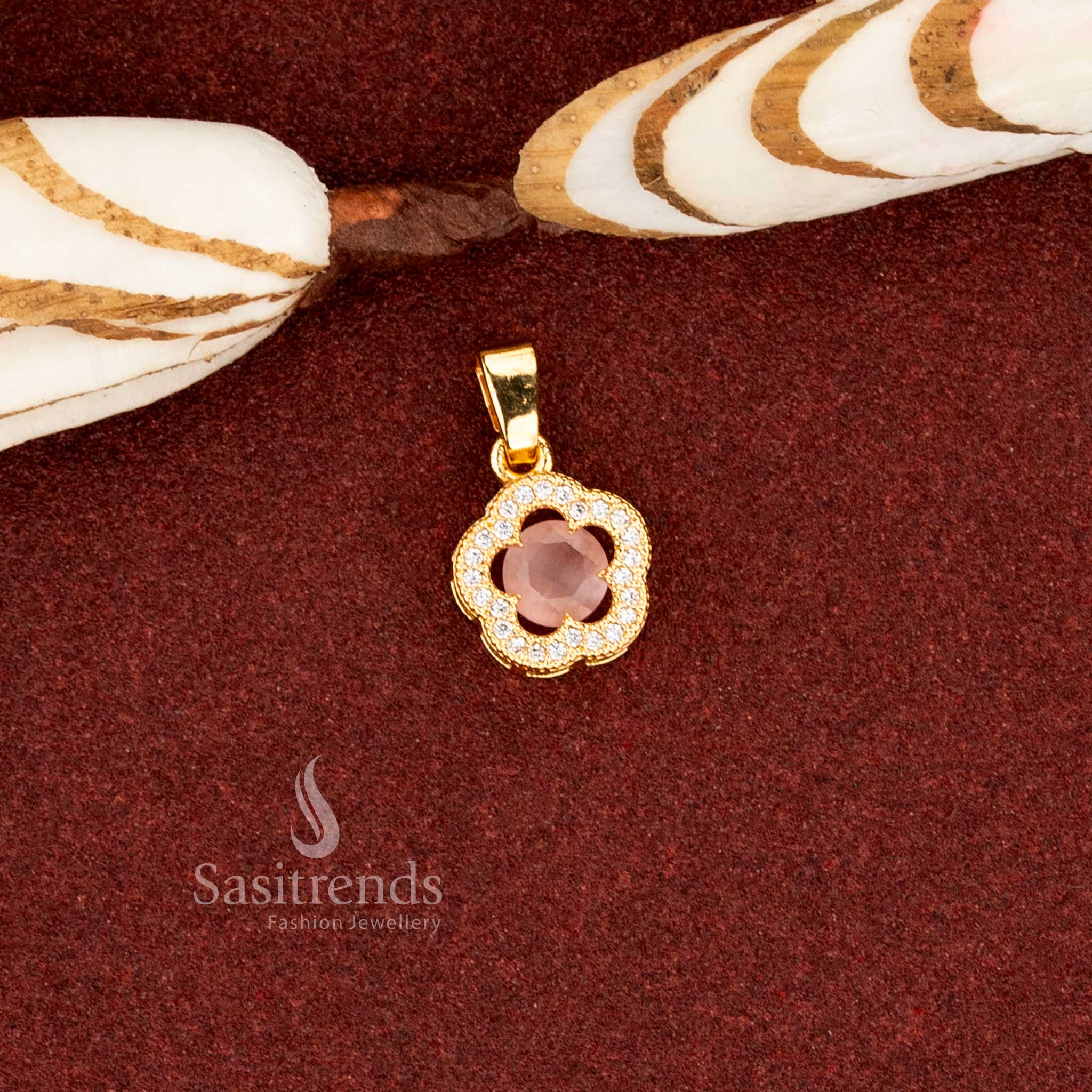 Lovely pink one gram micro gold plated AD scalloped cushion cut flower pendant for festive occasions – Sasitrends