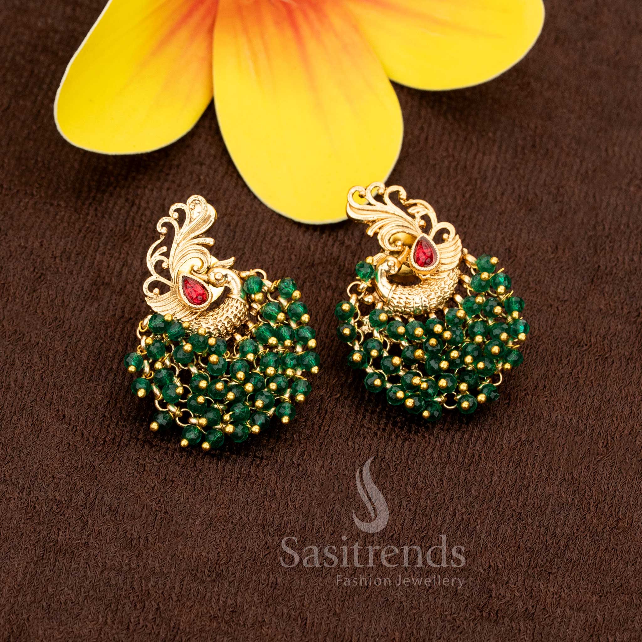Elegant green-pearl temple matte gold plated peacock bunch earrings, perfect to wear for festive and cultural celebrations – Sasitrends