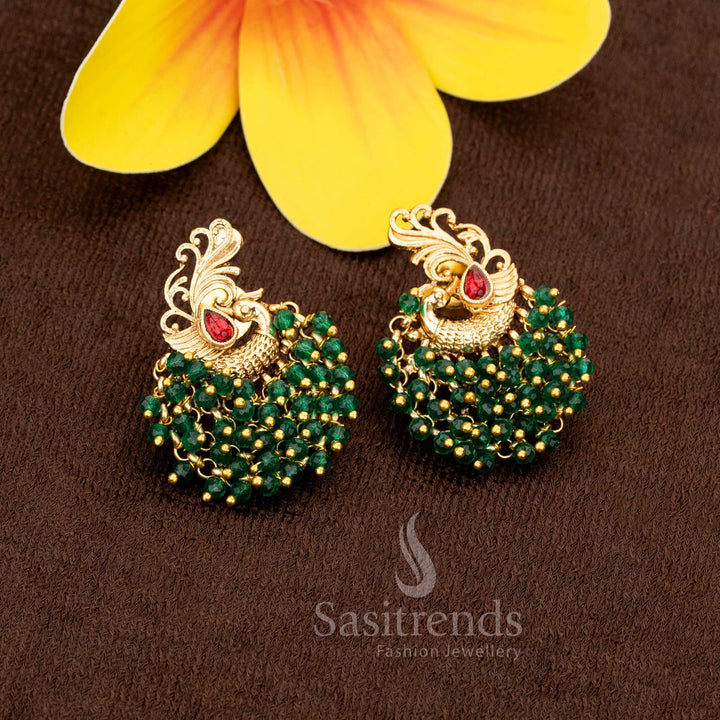 Elegant green-pearl temple matte gold plated peacock bunch earrings, perfect to wear for festive and cultural celebrations – Sasitrends