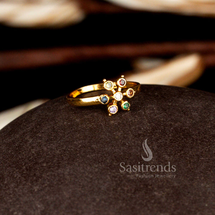 Classic guaranteed micro gold plated multi color AD floral traditional ring presenting refined elegance suitable for sacred ceremonies and festive celebrations – Sasitrends