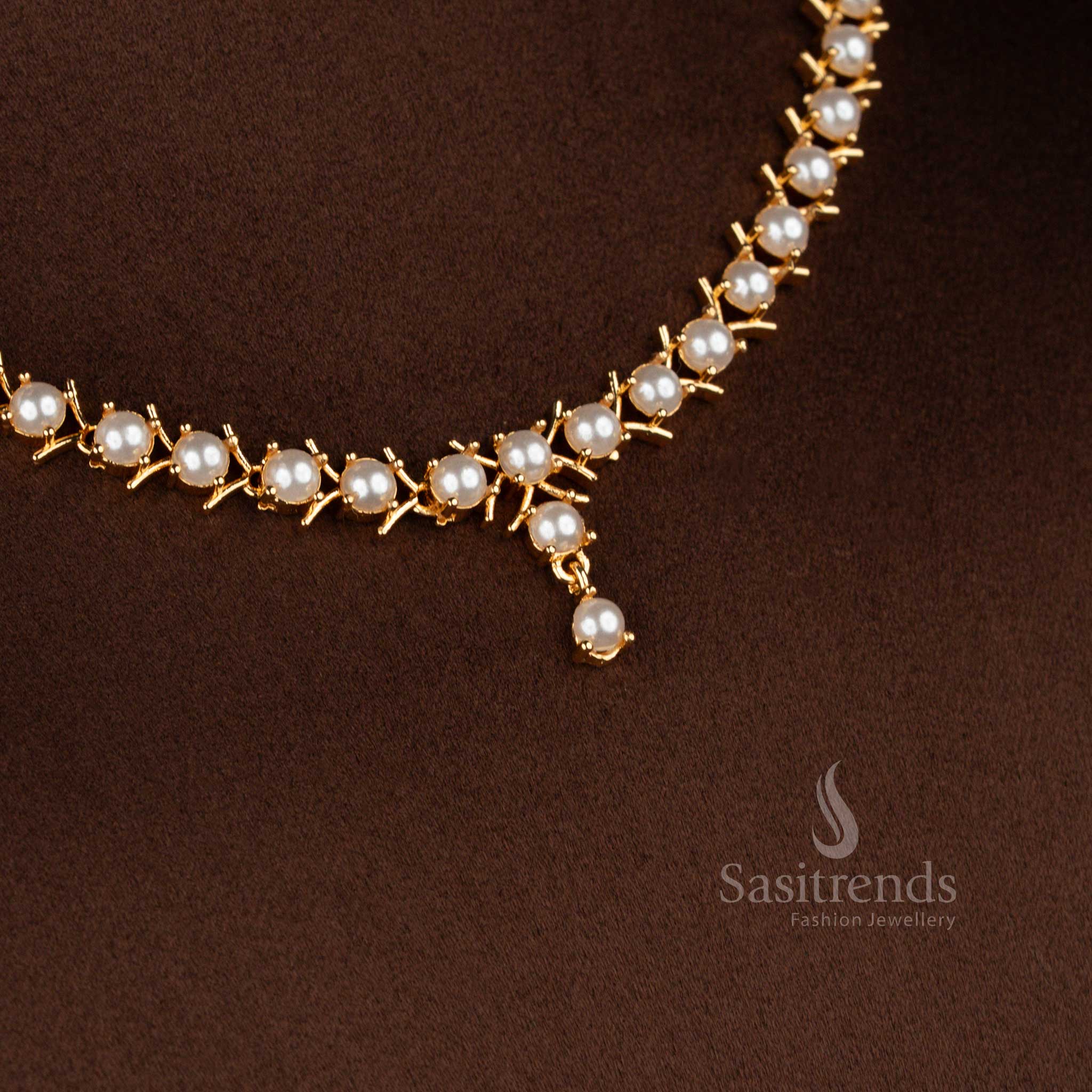 Refined pearl micro gold plated American diamond V-cut round stone necklace set styled for soft party elegance and graceful evening wear – Sasitrends