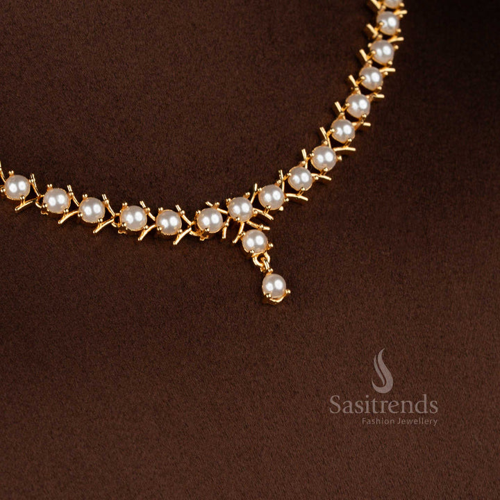 Refined pearl micro gold plated American diamond V-cut round stone necklace set styled for soft party elegance and graceful evening wear – Sasitrends