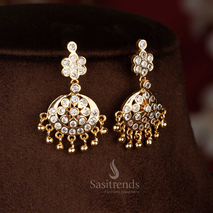 Regal heritage white micro gold plated round stone crescent floral tiered earrings for ethnic luxury jewellery - Sasitrends