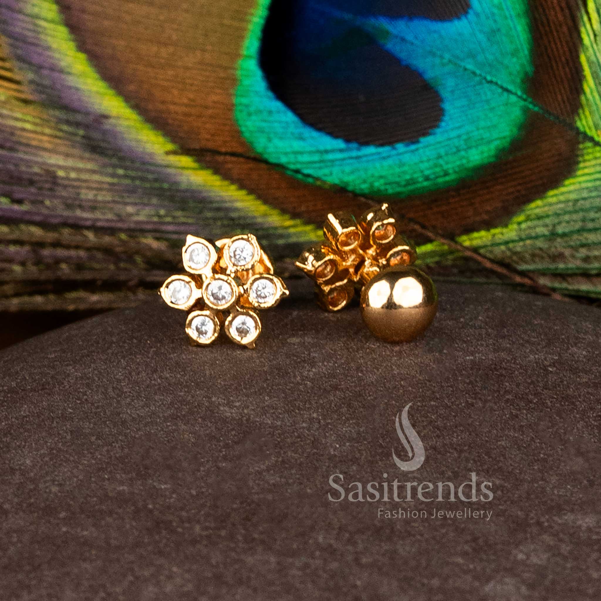 Divine white micro gold AD round flower stud earrings featuring Addigai motifs, ideal for wedding ceremonies and festive saree styling – Sasitrends